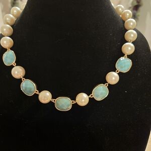 Elegant Pearl and Blue Stone Necklace